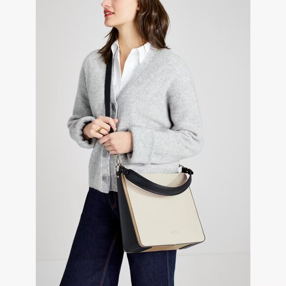 Kate Spade Hudson Color blocked Large Leather Hobo Bag, Tan Cream Shoulder Bag - Picture 2 of 8